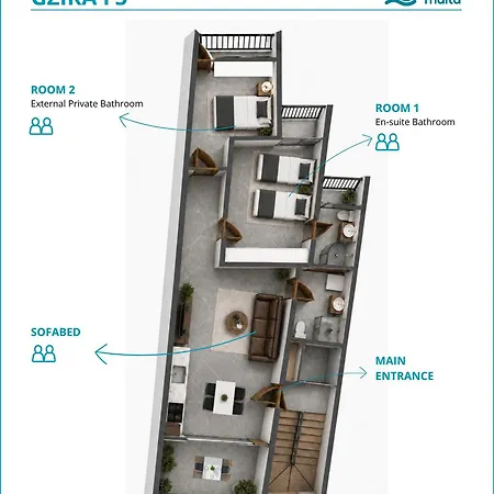Gzr F5 Spacious Penthouse For 5 Apartment Gzira